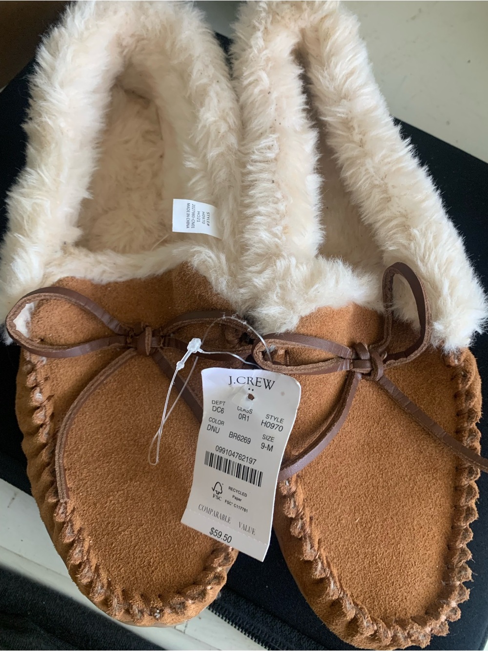 J. Crew Chestnut Brown Suede Moccasin Slippers with Cream Lining